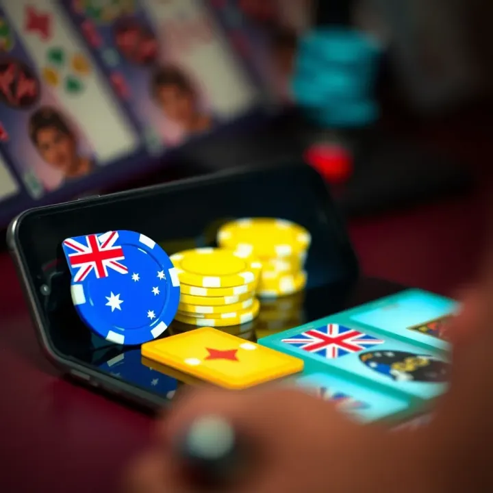 Australian Players Accessing No Deposit Offers via Smartphone Graphic showing Australian flag icons alongside casino chips and a smartphone for claiming no deposit offers