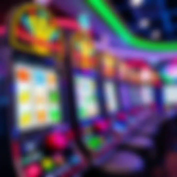 Colorful online pokies game interface with spinning reels and various symbols in a digital casino environment