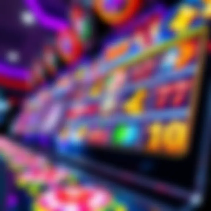 Colorful online slot machine interface with various symbols and spinning reels