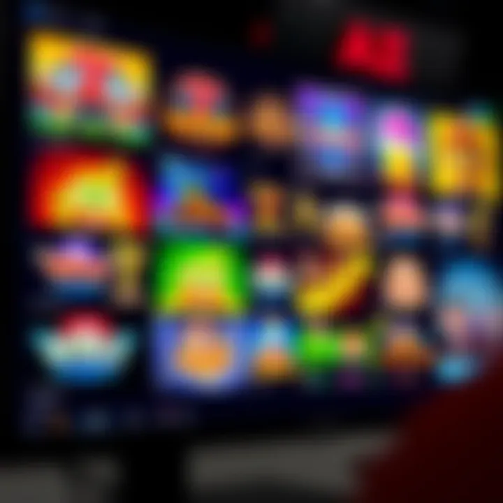 Colorful assortment of casino games including slots and card games on a digital screen