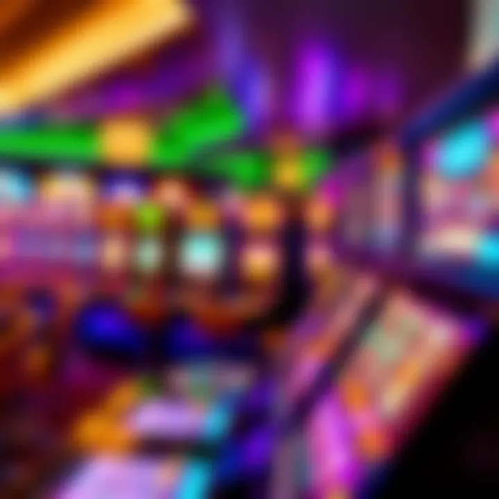 Colorful casino slot machines with vibrant lights and various game themes
