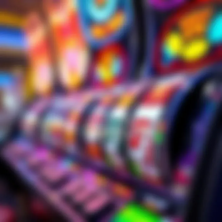 Colorful online pokies game interface with spinning reels and various symbols