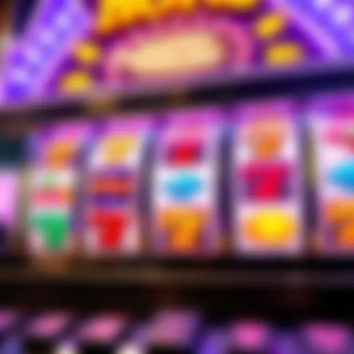 Bright digital slot machine reels displaying various classic fruit symbols and jackpot icons