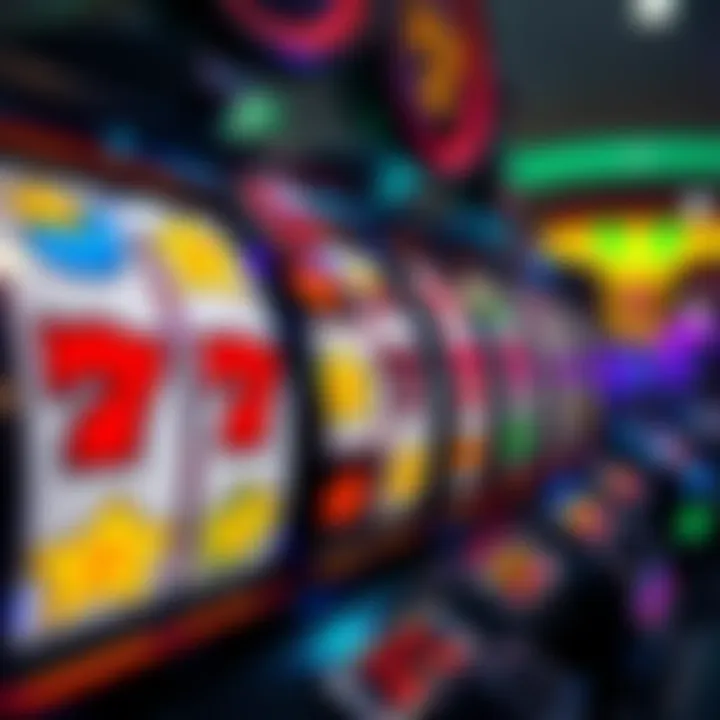 Close-up of casino slot machine reels displaying various symbols with bright lights