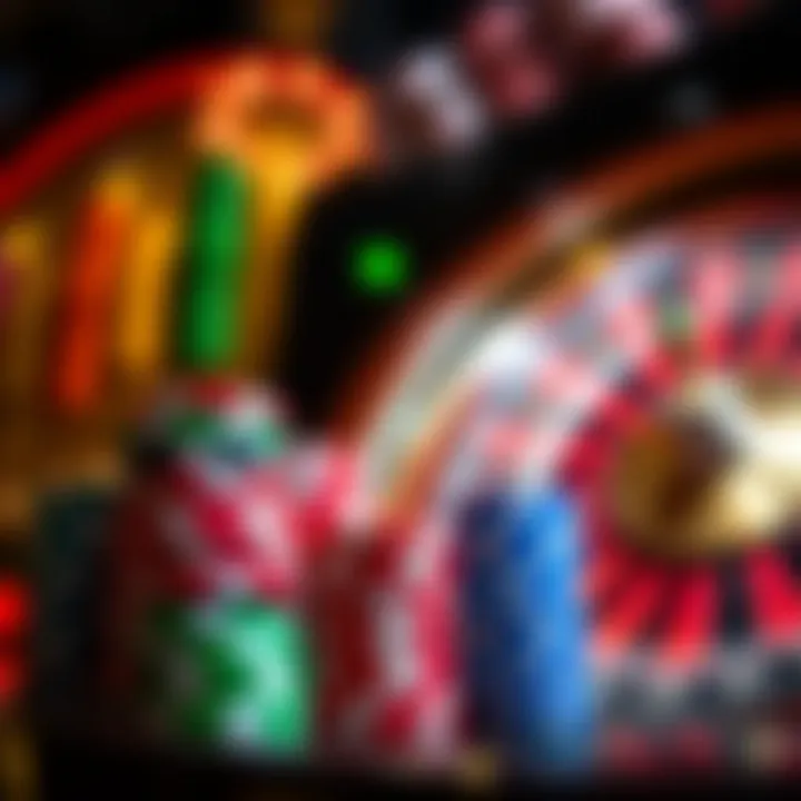 Colorful casino chips stacked beside a spinning roulette wheel under bright lights