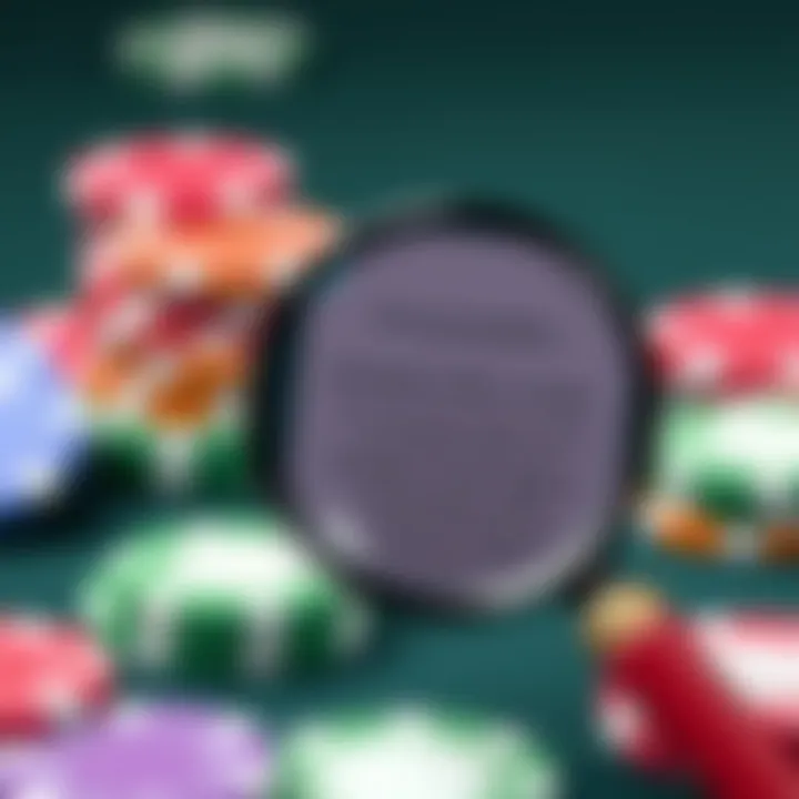 Graphic depicting various casino chips and a magnifying glass highlighting terms and conditions for no deposit offers