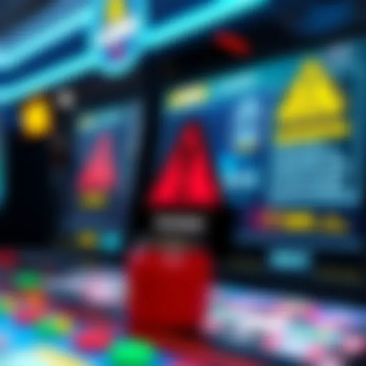 Illustration showing online casino interface with warning symbols and caution signs