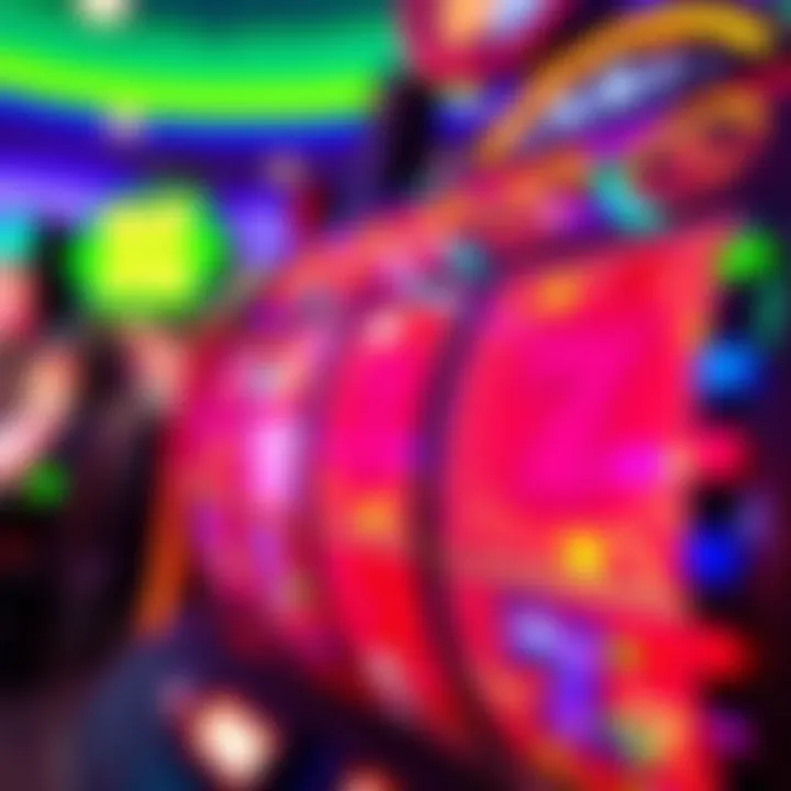 Bright casino slot machine reels with colorful symbols and spinning lights