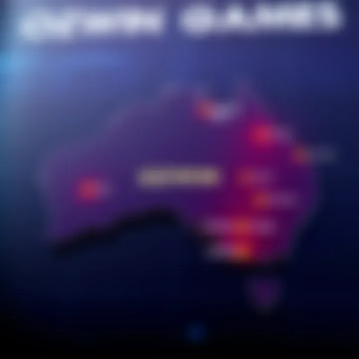 Map of Australia highlighting key locations in the Australian gaming industry with Ozwin Games highlighted