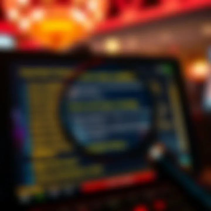 Important Terms and Conditions for Casino Bonus Codes Digital screen showcasing a list of terms and conditions for casino bonuses with a magnifying glass emphasizing key points