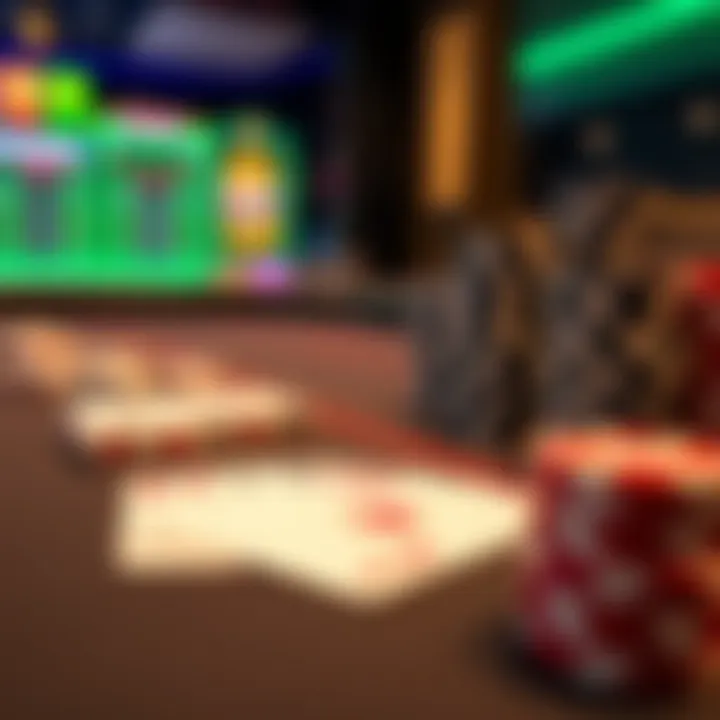 Close-up of casino table layout with playing cards, dice, and stacked chips