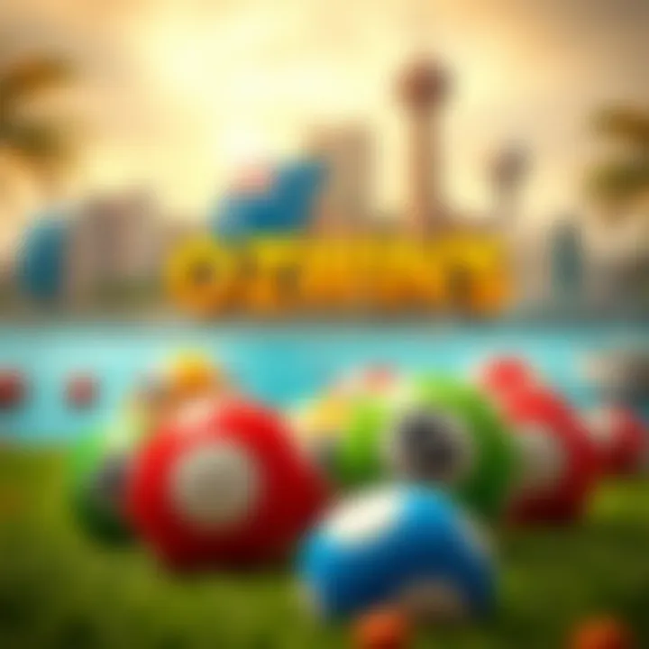 Colorful lottery balls representing Ozwin's jackpots with Australian landmarks in the background