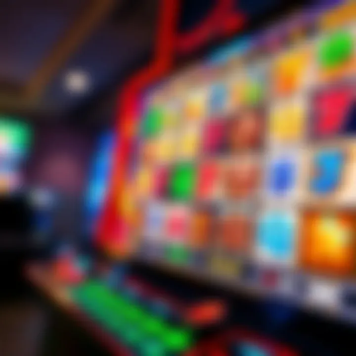 Digital slot machine interface with colorful reels and symbols displayed on a bright screen