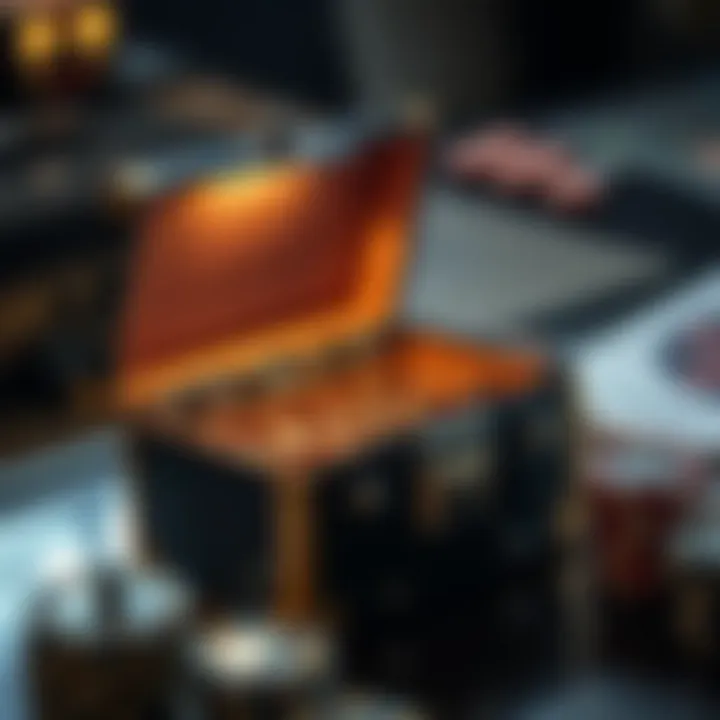 Compact Ozwin Coin Chest open showing organized compartments filled with coins and small valuables