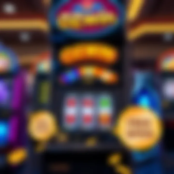 Illustration showing a slot machine with bright symbols and free spins icons around it