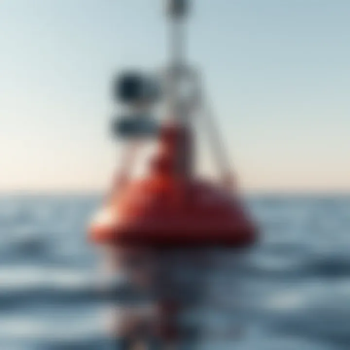 Marine data buoy with sensors floating on calm ocean water under clear sky