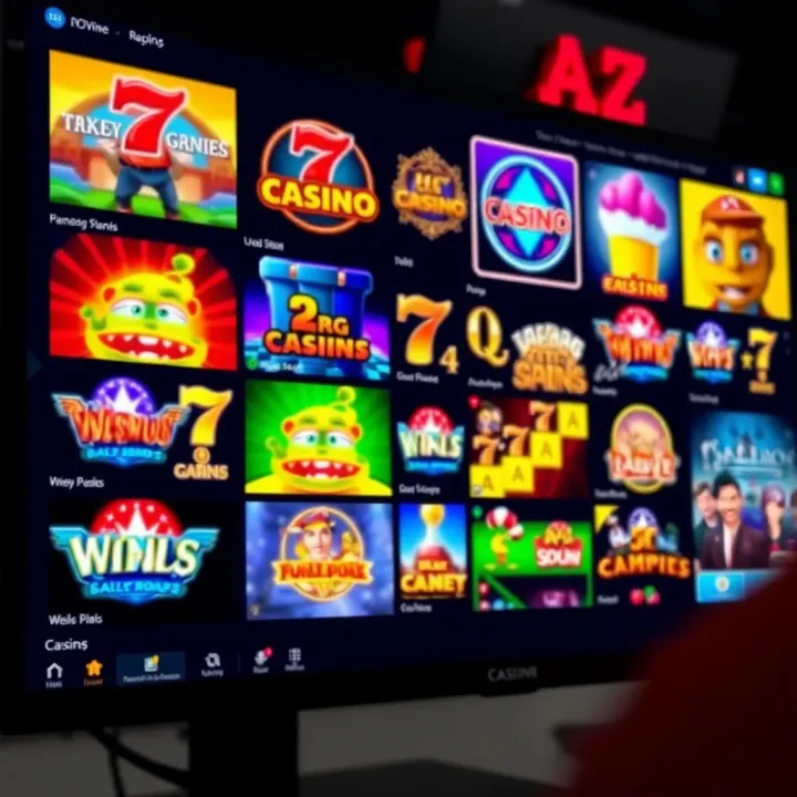 Colorful assortment of casino games including slots and card games on a digital screen