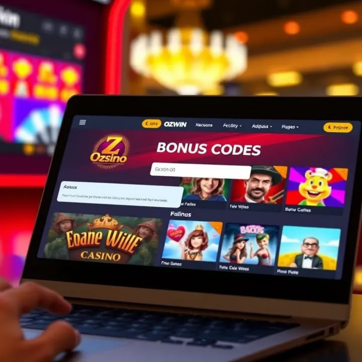Claiming and Using Bonus Codes at Ozwin Casino Digital interface showing bonus code entry and casino game options on a laptop