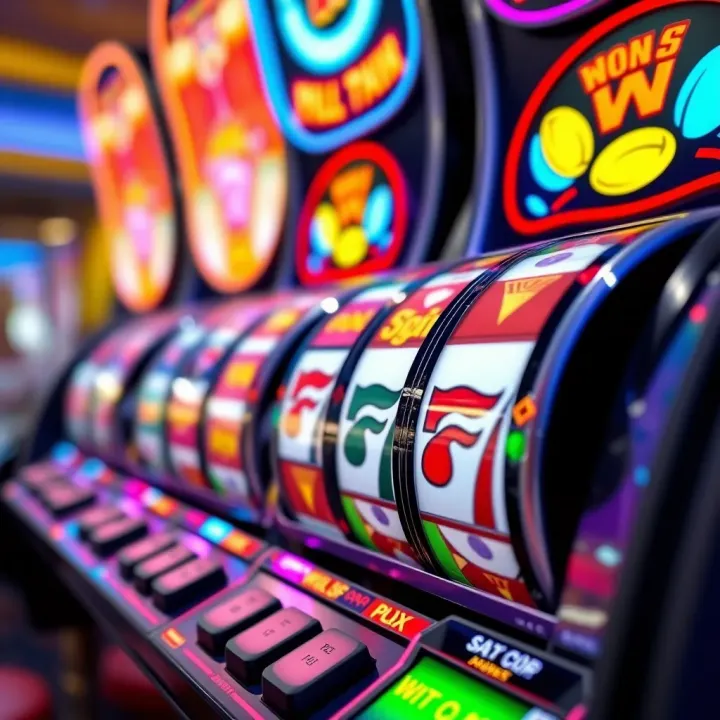 Colorful online pokies game interface with spinning reels and various symbols