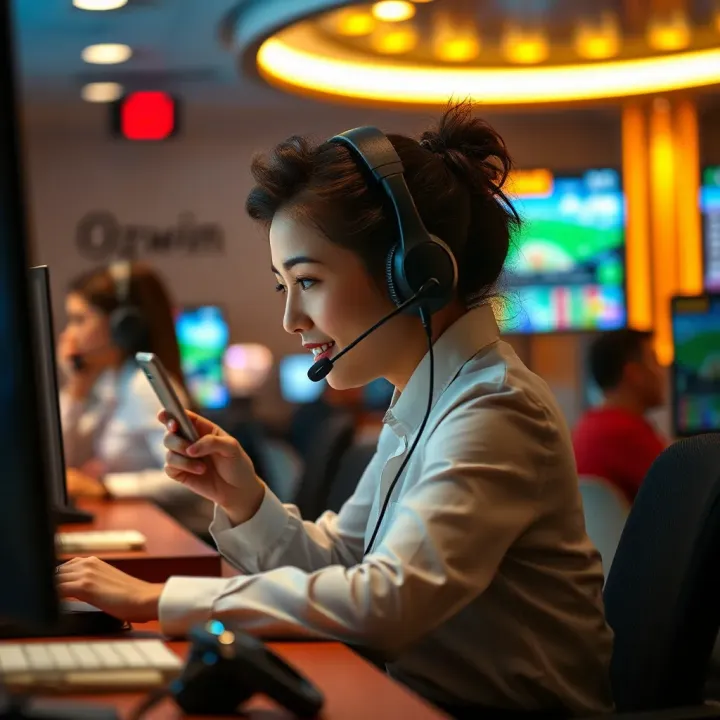 Customer service representative answering calls at a support center