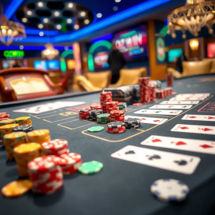 A vibrant casino table showcasing a variety of card and dice games with colorful chips