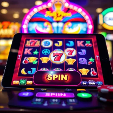 Instantly Play Free Pokies Without Downloads A colorful digital slot machine interface showing various classic symbols and a spin button on a tablet screen