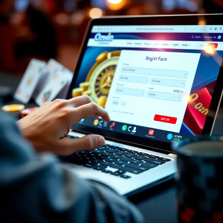 A user filling out registration details on the Ozwin Casino website using a laptop