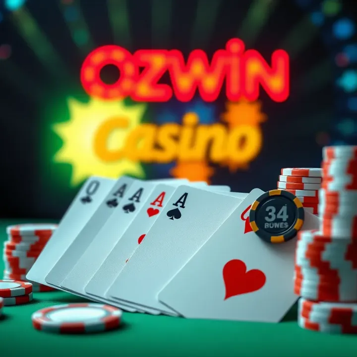 Bright casino tokens and playing cards symbolizing no deposit bonuses at Ozwin Casino
