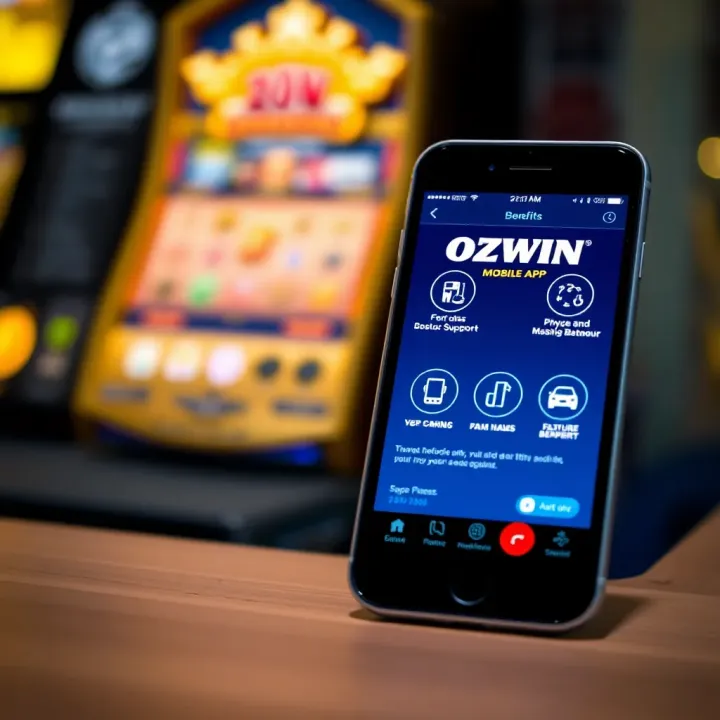 Ozwin App Benefits and User Support Smartphone displaying Ozwin app with icons representing its key benefits and support options