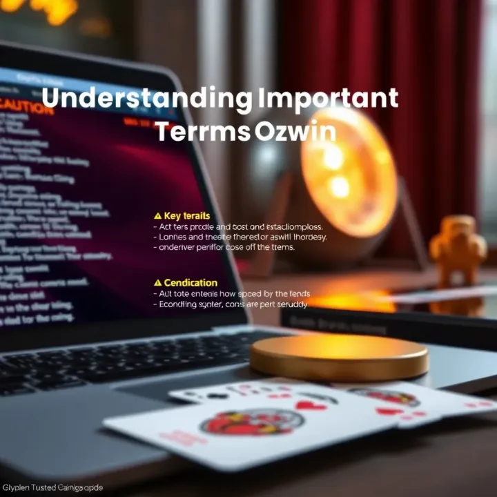 Understanding Important Terms for Ozwin Bonus Codes Graphic showing key terms and conditions highlighted with caution symbols next to a laptop and cards