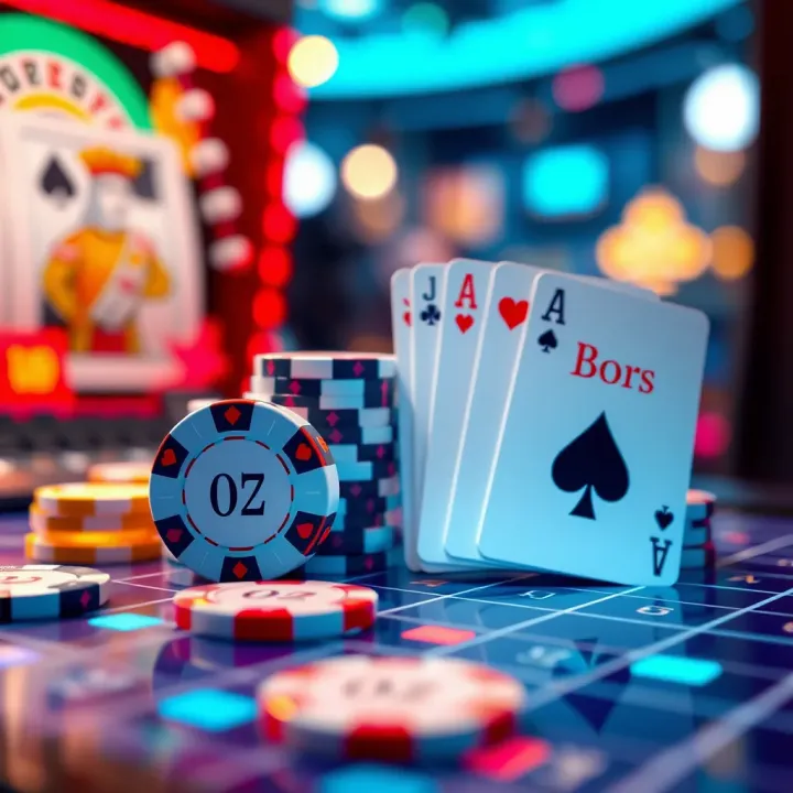 Visual Representation of Ozwin Bonus Codes and Online Casino Benefits Bright casino chips and playing cards representing online gaming bonuses on a digital platform