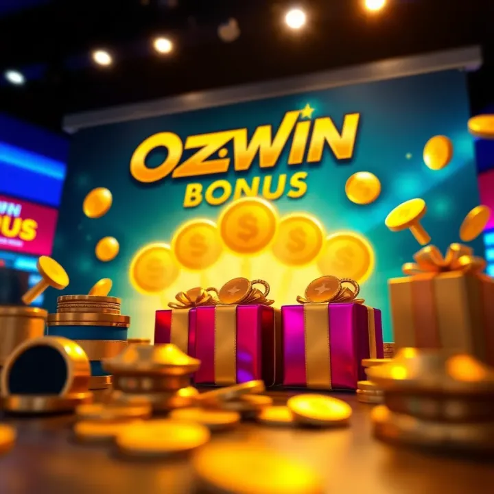 Variety of Bonus Rewards in Ozwin Promotions Bright graphic showing different types of bonus rewards like coins and gift boxes with a promotional banner