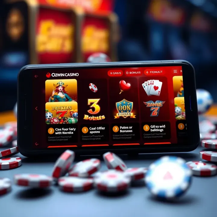 Mobile device displaying Ozwin Casino app interface with game options and bonus offers