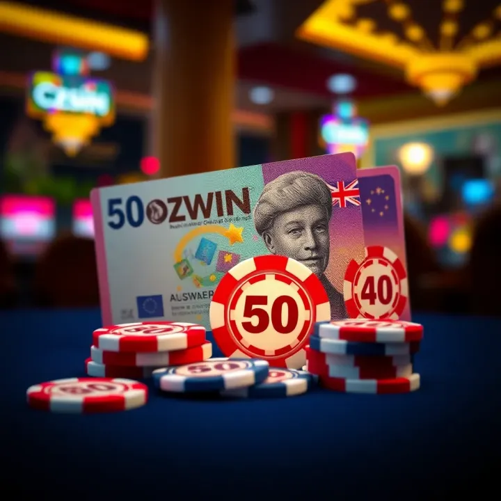 Illustration showing Australian currency and casino chips representing the Ozwin Casino no deposit bonus offer