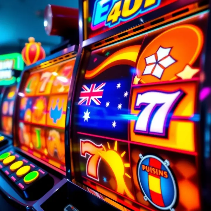 Colorful slot machine reels displaying various Australian-themed symbols with dynamic lighting effects