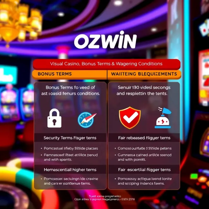 Visual Guide to Ozwin Casino Bonus Terms and Wagering Conditions Graphic displaying bonus terms and wagering requirements with icons representing security and fair play