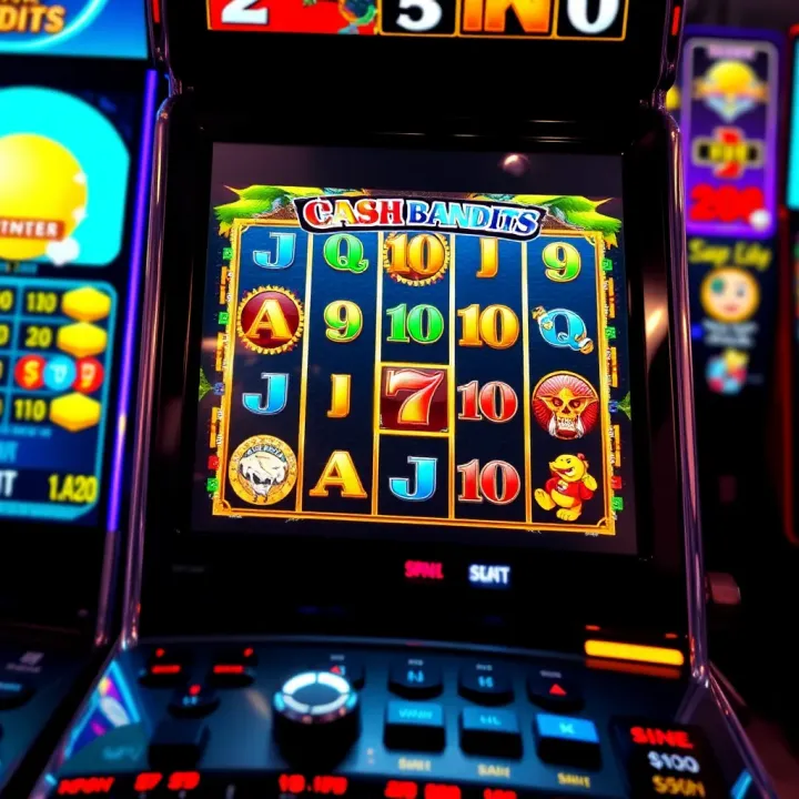 Slot machine screen showing Cash Bandits game with bright symbols and winning lines