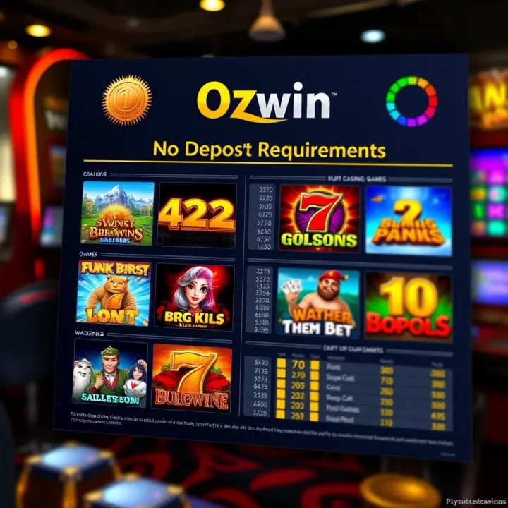 Eligible Games and Wagering Requirements at Ozwin Casino Graphic displaying various slot games eligible for the no deposit bonus at Ozwin Casino with wagering details