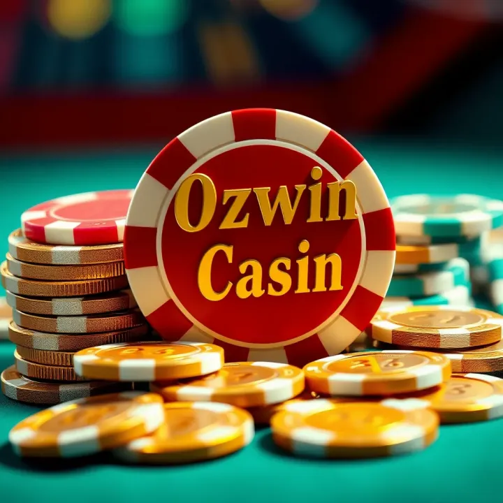 Illustration of Ozwin Casino free chip bonus with shining poker chips and casino tokens
