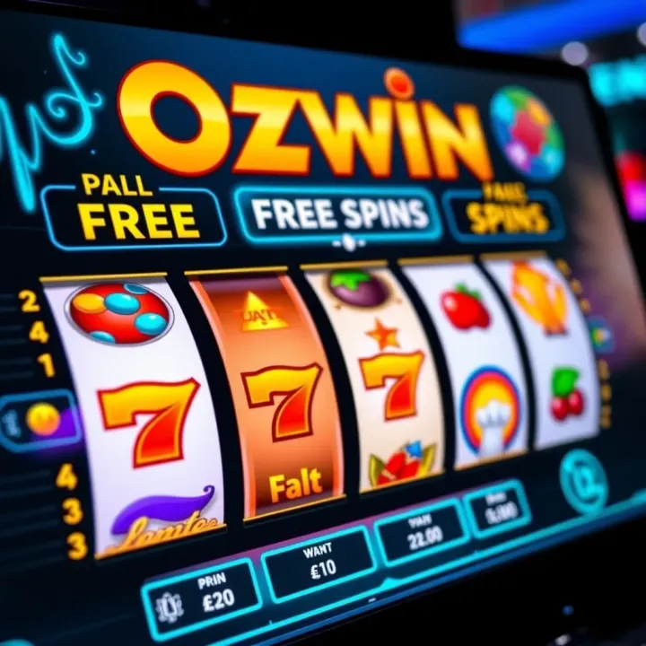 Ozwin Casino Reels Featuring Free Spins Promotion Digital interface showcasing casino reels spinning with vibrant symbols