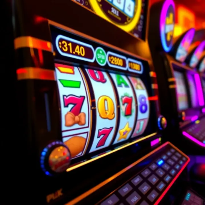 Slot machine with vibrant spinning reels showcasing various casino symbols