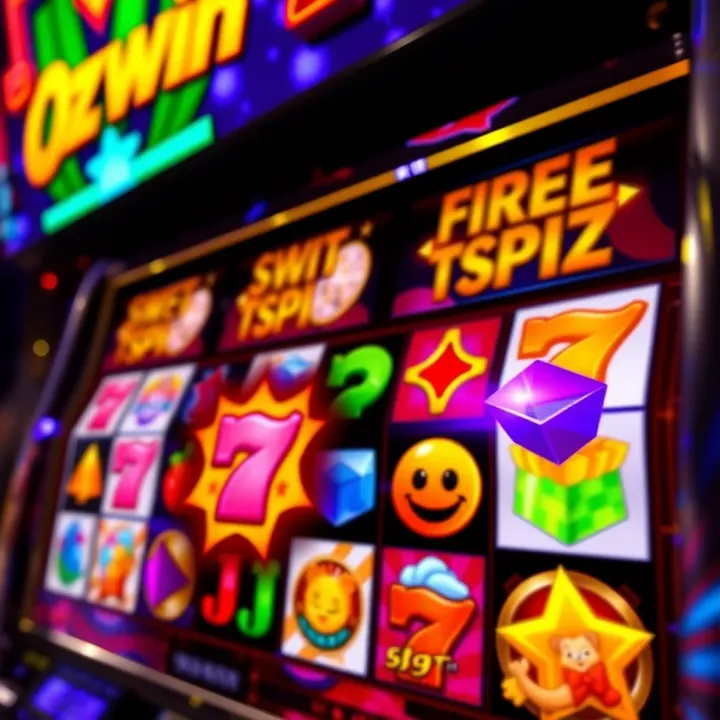 Ozwin Casino Free Spins Promotion Visual Colorful slot machine reels showing a variety of casino game symbols