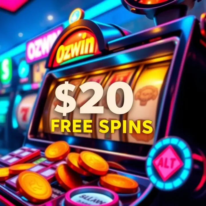 Illustration of a slot machine with spinning reels and glowing coins representing free spins at Ozwin Casino