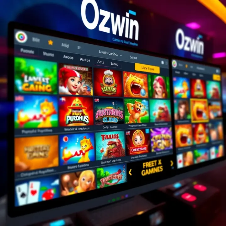 Diverse Game Selection at Ozwin Casino Colorful online casino interface with diverse game icons and Australian themed elements
