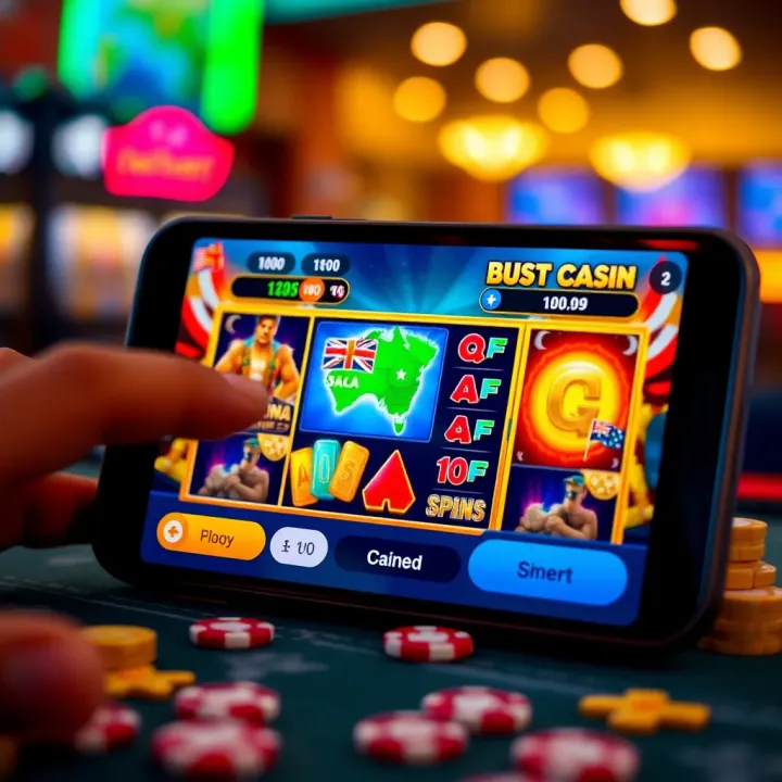 Ozwin Casino Mobile Gameplay with Australian Theme Mobile device displaying a colorful online casino game interface with Australian-themed graphics