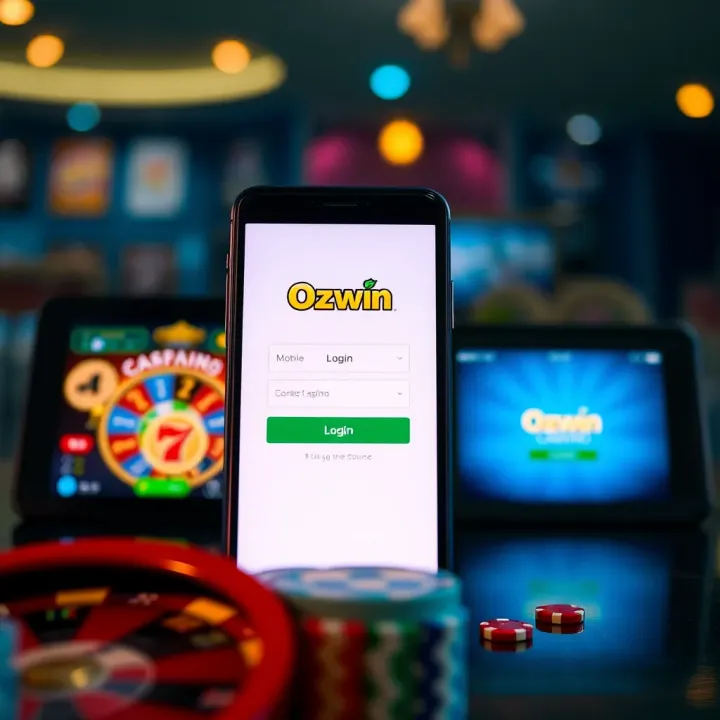 Mobile phone displaying Ozwin Casino login screen with secure authentication