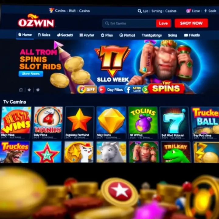 Ozwin Casino Layout Featuring Popular Slot Games Colorful online casino interface showcasing various slot games