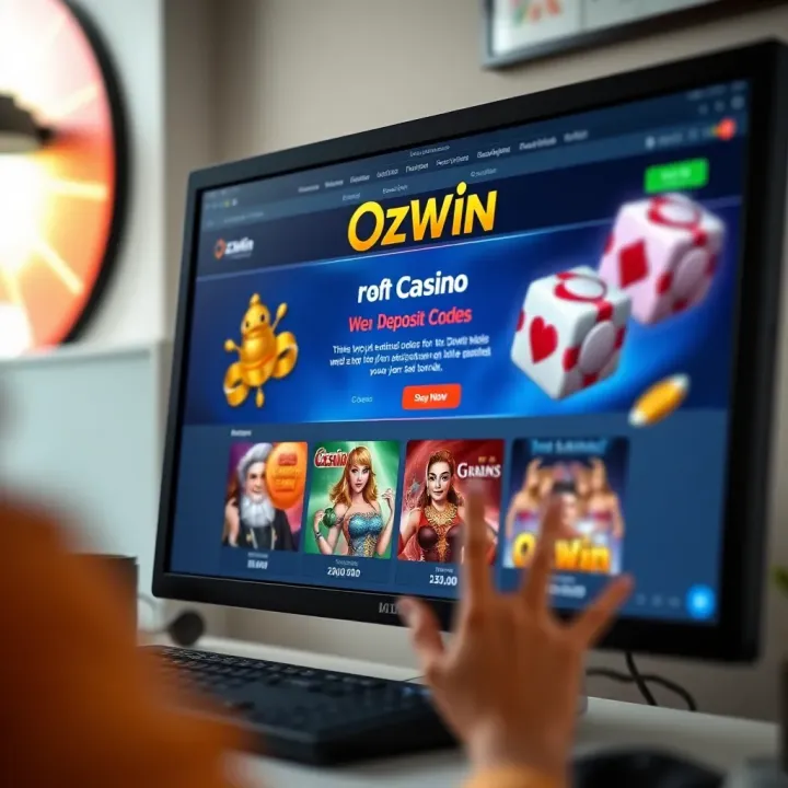 Illustration of a computer screen displaying OzWin Casino's no deposit bonus codes page