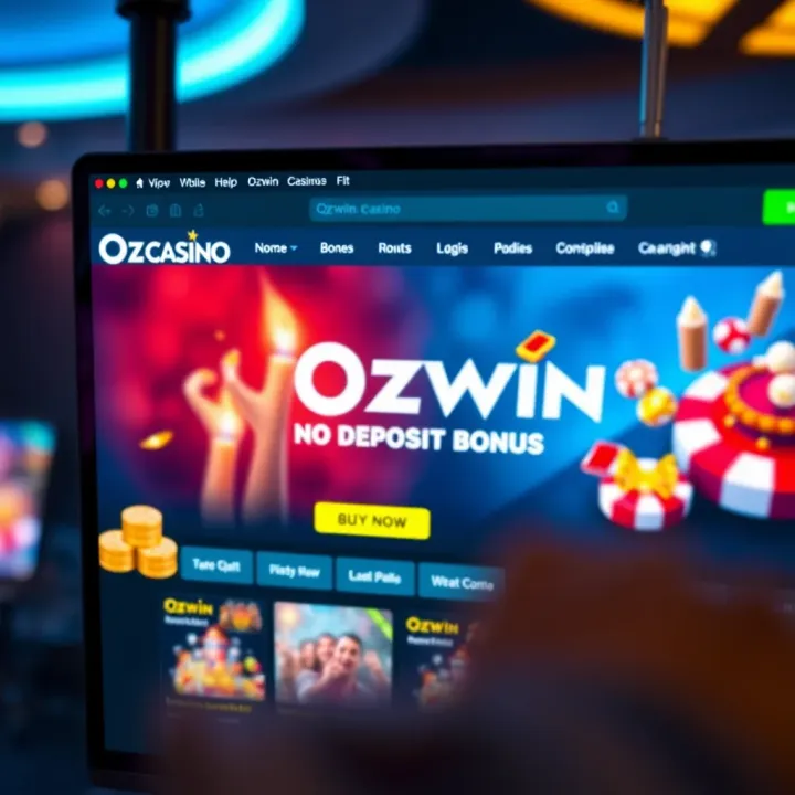 Screenshot showing the Ozwin Casino homepage with highlighted no deposit bonus offer