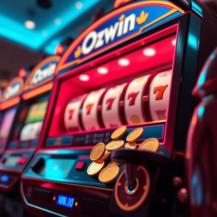 Digital Slot Machine Highlighting Ozwin Casino No Deposit Bonus Illustration of a digital slot machine with sparkling coins representing a no deposit bonus offer at Ozwin Casino